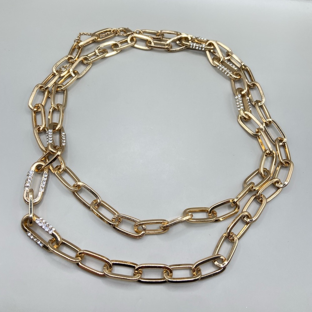 Gold Tone Long Paperclip Necklace with Crystal Accents